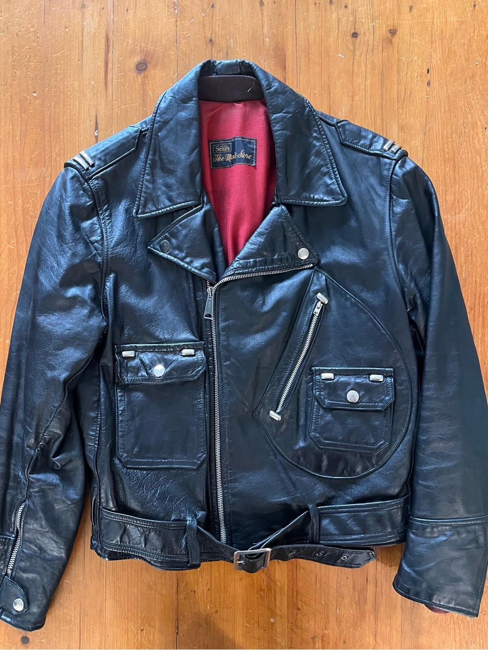 Vintage Leather Biker Jacket - Black - Sears